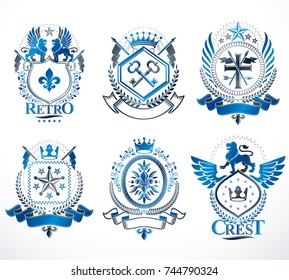 Set of vector vintage emblems created with decorative elements like crowns, stars, crosses, armory and animals.  Collection of heraldic coat of arms.