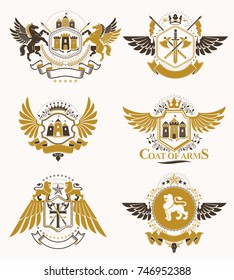 Set of vector vintage emblems created with decorative elements like crowns, stars, bird wings, armory and animals.  Collection of heraldic coat of arms.