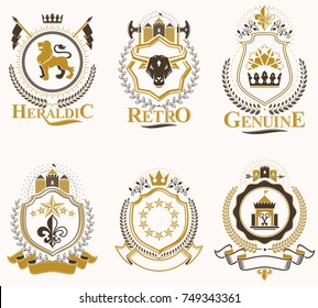 Set of vector vintage emblems created with decorative elements like crowns, stars, crosses, armory and animals.  Collection of heraldic coat of arms.