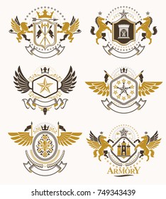 Set of vector vintage emblems created with decorative elements like crowns, stars, bird wings, armory and animals.  Collection of heraldic coat of arms.