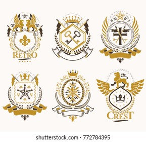 Set of vector vintage emblems created with decorative elements like crowns, stars, crosses, armory and animals.  Collection of heraldic coat of arms.