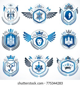 Set of vector vintage emblems created with decorative elements like crowns, stars, bird wings, armory and animals.  Collection of heraldic coat of arms.