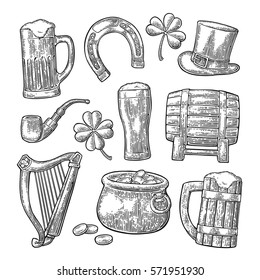 Set vector vintage engraved illustration for Saint Patrick's Day. Isolated on white background.