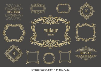 Set of vector vintage floral frames and line monograms. Gold border.