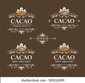 Set of vector vintage flourish calligraphic cacao logos (symbol, emblem, label, design, template).