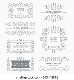 Set of vector vintage flourish frames, elements, linear symbols, logo. Abstract decorative background. Trendy design concept for boutique, hotel, restaurant, floral shop, jewelry, fashion, emblem.