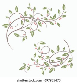 Set of vector vintage flourishes and spring tree branches and leaves. Retro decorative frame, swirl ornate garden decor, border. For romantic calligraphy style postcard, menu, wedding invitation.
