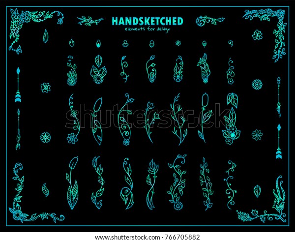 Set of\
vector vintage forest elements. Hand drawn wild flowers, grass,\
herbs, weeds, branches, leaves, reeds, arrows and wave ornate\
corners. Herbal signs and symbols, simple\
design
