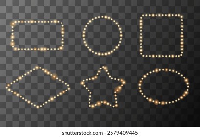 Set of vector vintage frames of different shapes with glowing light bulbs frame. Retro circus style. Star, square, rhombus and circle on isolated transparent background. Advertising blank signboard.