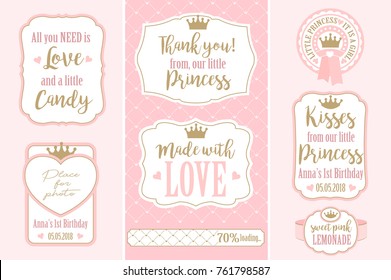 Set of vector vintage frames. Templates gift tags for royal party( wedding, baby and bridal shower, birthday) Candy wrappers, stickers, labels for little princess sweet table. Golden crown and pink