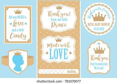 Set of vector vintage frames. Templates gift tags for royal party( wedding, baby shower, birthday) Candy wrappers, stickers, labels for little prince sweet table. Golden crown and blue