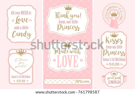 Set of vector vintage frames. Templates gift tags for royal party( wedding, baby and bridal shower, birthday) Candy wrappers, stickers, labels for little princess sweet table. Golden crown and pink