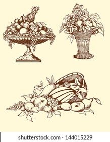 Set of vector vintage hand drawn fruits