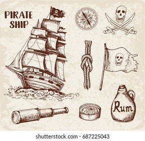 Set of vector vintage hand drawn pirates design elements. 