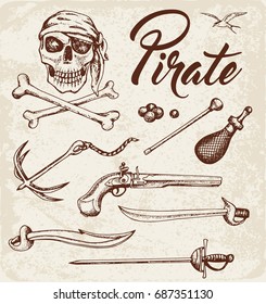 Set of vector vintage hand drawn weapons of pirates. Pirate design elements.