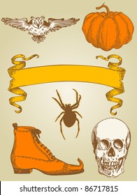 set of vector vintage hand drawn Halloween objects