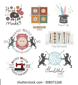 Set of vector vintage hand made logo, labels and design elements. Logo badges and elements designed for sewing design studio, work shop, yarn shop, handmade artist, knitwear firm.