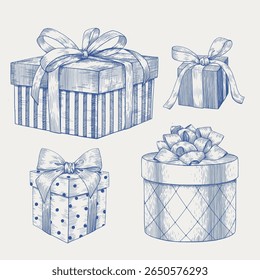 Set of vector vintage holiday gift boxes. Outline blue on beige. Hand drawn illustration, engraved graphic elements for holiday decor design, greeting card, new year decoration, birthday. Monochrome