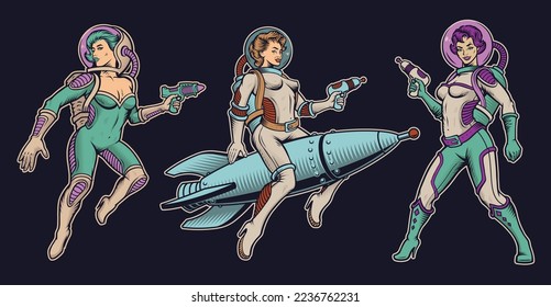 Set of vector vintage illustrations on the theme of space with pin up girls in futuristic astronaut suits