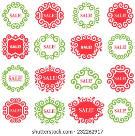 Set of vector Vintage Labels for Christmas Sales. Green and red frames on white