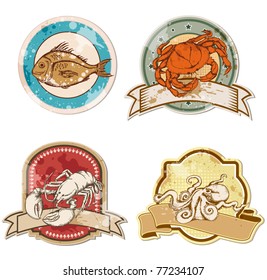 Set Of Vector Vintage Labels With Seafood