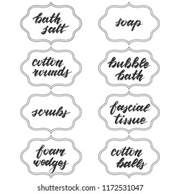 Set of vector vintage labels. Stickers for bathroom jars or containers. Hand drawn elements for your design. Graphic illustration