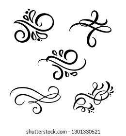 Set of vector vintage line elegant dividers and separators, swirl and corner decorative ornaments. Floral line filigree design elements. Flourish curl elements for invitation or menu page illustration