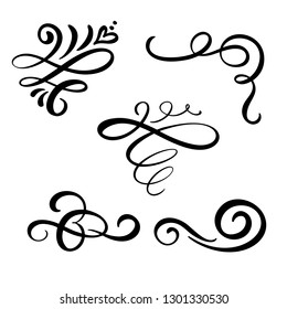 Set of vector vintage line elegant dividers and separators, swirl and corner decorative ornaments. Floral line filigree design elements. Flourish curl elements for invitation or menu page illustration