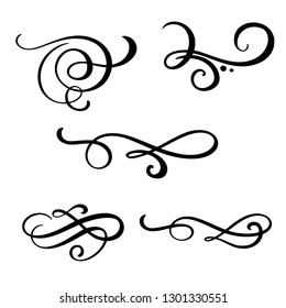Set of vector vintage line elegant dividers and separators, swirl and corner decorative ornaments. Floral line filigree design elements. Flourish curl elements for invitation or menu page illustration
