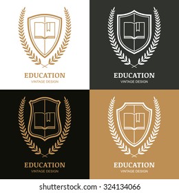 Set Of Vector Vintage Logo Design Template. Open Book, Shield And Laurel Wreath Linear Symbol. Concept For School, University, Study, Education, Law And Legal Business, Heraldic Emblem.