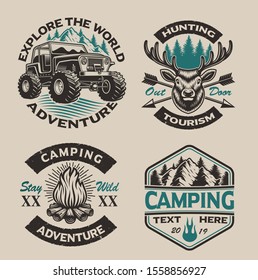 Set of vector vintage logos for the camping theme on the light background. Perfect for posters, apparel, T-shirt design and many other. Layered