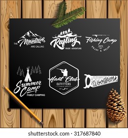 Set of vector vintage logotype with lettering elements on wood planks
