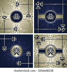 Set of vector vintage luxury cards with frames and baroque elements. Blue and silver design     