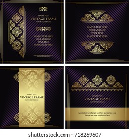 Set of vector vintage luxury cards with striped background, baroque patterns and frames   