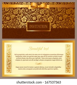 Set Of Vector Vintage Luxury Horizontal Invitation With A Beautiful Baroque Pattern And Border. Brown And Gold.
