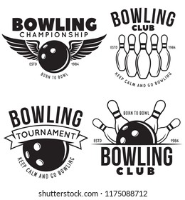 Set of vector vintage monochrome style bowling logo, icons and symbol. Bowling ball and bowling pins illustration. Trendy design elements, isolated on white background. - Shutterstock ID 1175088712