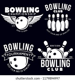 Set of vector vintage monochrome style bowling logo, icons and symbol. Bowling ball and bowling pins illustration. Trendy design elements, isolated on black background.