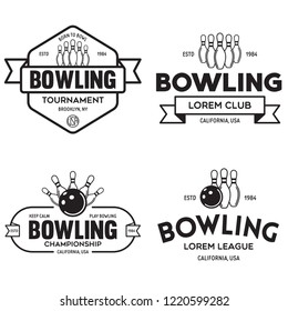 Set of vector vintage monochrome style bowling logo, icons and symbol. Bowling ball and bowling pins silhouettes. Trendy design elements, isolated vector illustration.