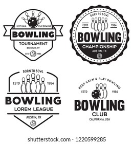 Set of vector vintage monochrome style bowling logo, icons and symbol. Bowling ball and bowling pins silhouettes. Trendy design elements, isolated vector illustration.