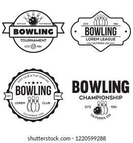 Set of vector vintage monochrome style bowling logo, icons and symbol. Bowling ball and bowling pins silhouettes. Trendy design elements, isolated vector illustration.