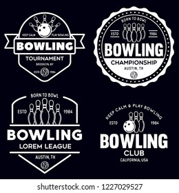 Set of vector vintage monochrome style bowling logo, icons and symbol. Bowling ball and bowling pins silhouettes. Trendy design elements, isolated vector illustration.