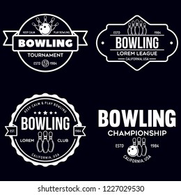 Set of vector vintage monochrome style bowling logo, icons and symbol. Bowling ball and bowling pins silhouettes. Trendy design elements, isolated vector illustration.