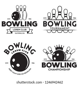 Set of vector vintage monochrome style bowling logo, icons and symbol. Bowling ball and bowling pins illustration. Trendy design elements, isolated illustration.