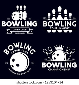 Set of vector vintage monochrome style bowling logo, icons and symbol. Bowling ball and bowling pins illustration. Trendy design elements, isolated illustration.