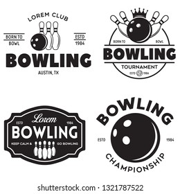 Set of vector vintage monochrome style bowling logo, icons and symbol. Bowling ball and bowling pins silhouettes. Trendy design elements, isolated vector illustration.