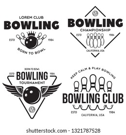 Set of vector vintage monochrome style bowling logo, icons and symbol. Bowling ball and bowling pins silhouettes. Trendy design elements, isolated vector illustration.