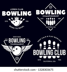 Set of vector vintage monochrome style bowling logo, icons and symbol. Bowling ball and bowling pins silhouettes. Trendy design elements, isolated vector illustration.