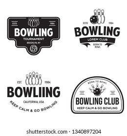 Set of vector vintage monochrome style bowling logo, icons and symbol. Bowling ball and bowling pins silhouettes. Trendy design elements, isolated vector illustration.