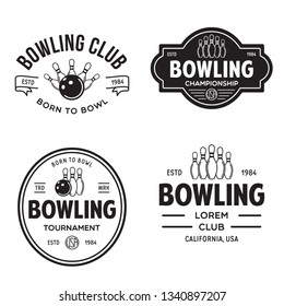 Set of vector vintage monochrome style bowling logo, icons and symbol. Bowling ball and bowling pins silhouettes. Trendy design elements, isolated vector illustration.