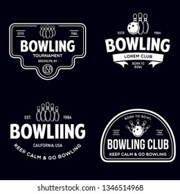 Set of vector vintage monochrome style bowling logo, icons and symbol. Bowling ball and bowling pins silhouettes. Trendy design elements, isolated vector illustration.